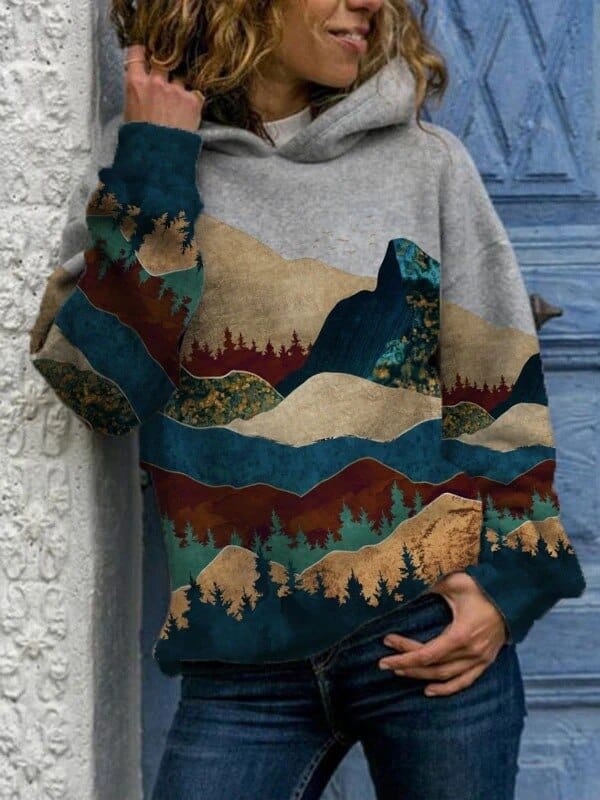 Women's multicolour landscape print hoodie with long sleeves and hood