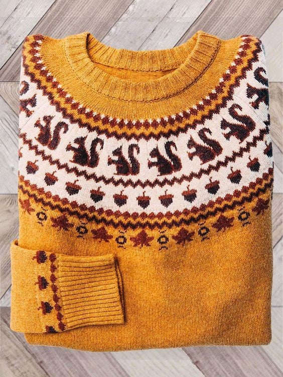 Women's Fair Isle Halloween knit sweater with pumpkins and seasonal motifs