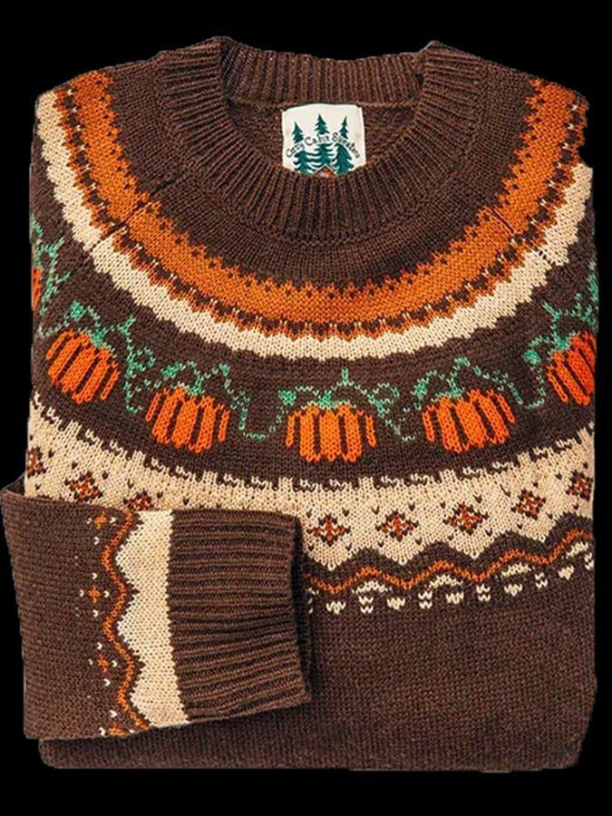 Women's Fair Isle Halloween knit sweater with pumpkins and seasonal motifs