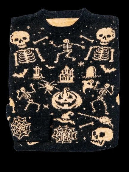 Women's Fair Isle Halloween knit sweater with pumpkins and seasonal motifs