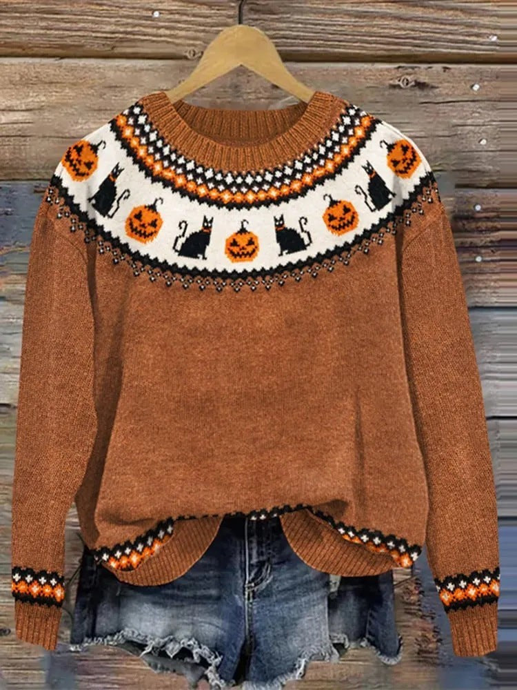 Women's Fair Isle Halloween knit sweater with pumpkins and seasonal motifs