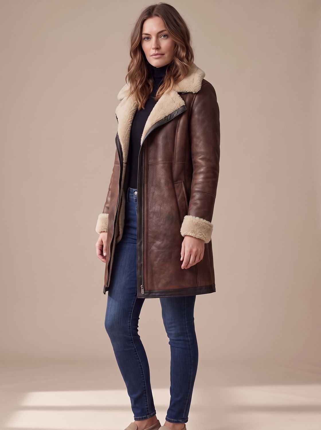Women's long coat with contrasting shearling-style collar and cuffs