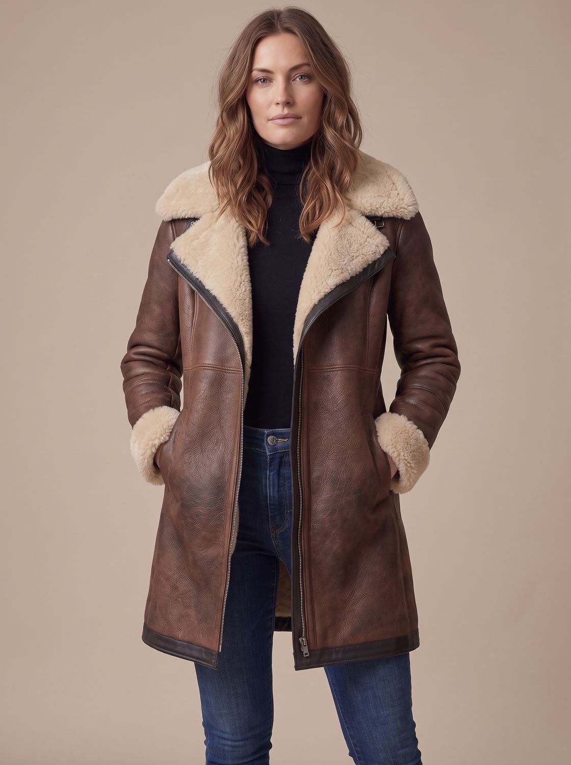 Women's long coat with contrasting shearling-style collar and cuffs