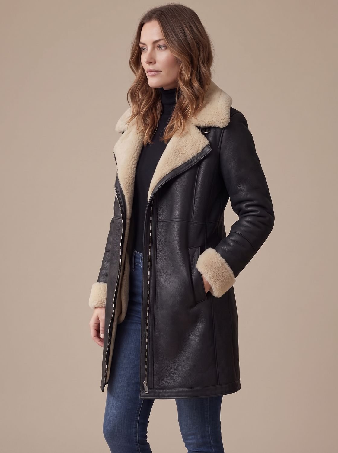 Women's long coat with contrasting shearling-style collar and cuffs
