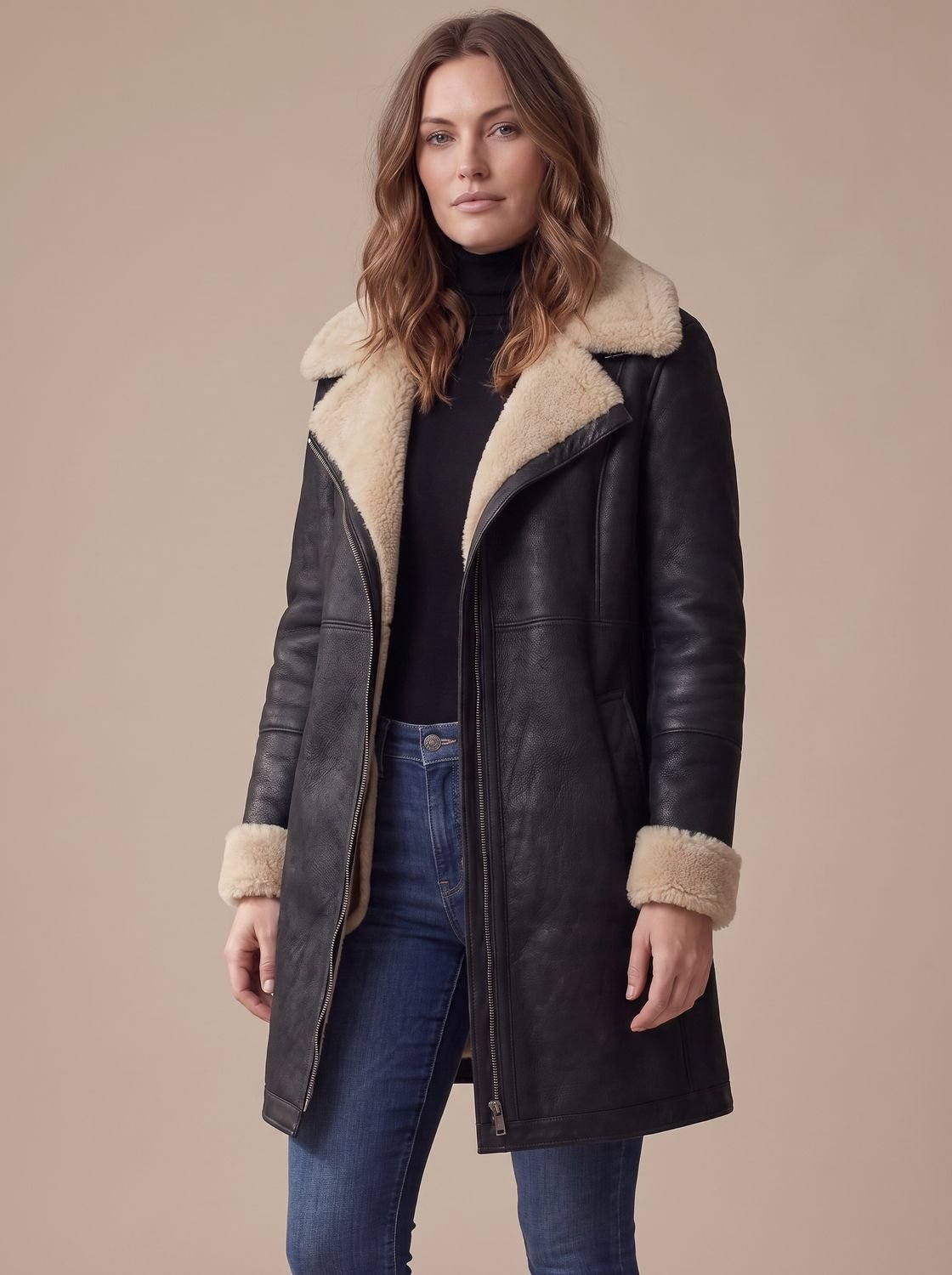 Women's long coat with contrasting shearling-style collar and cuffs