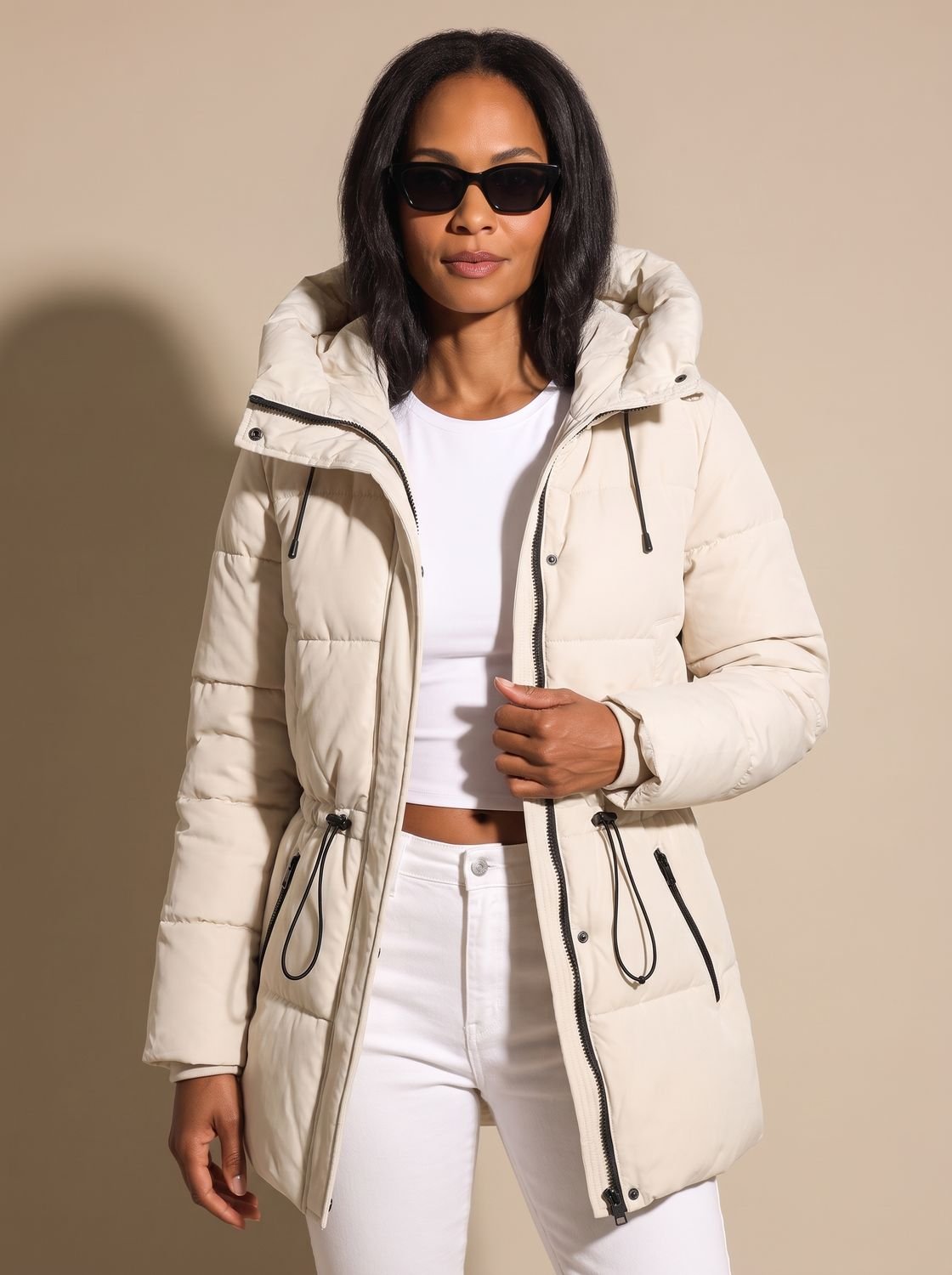 Women's hooded quilted puffer jacket with long sleeves and textured hood trim