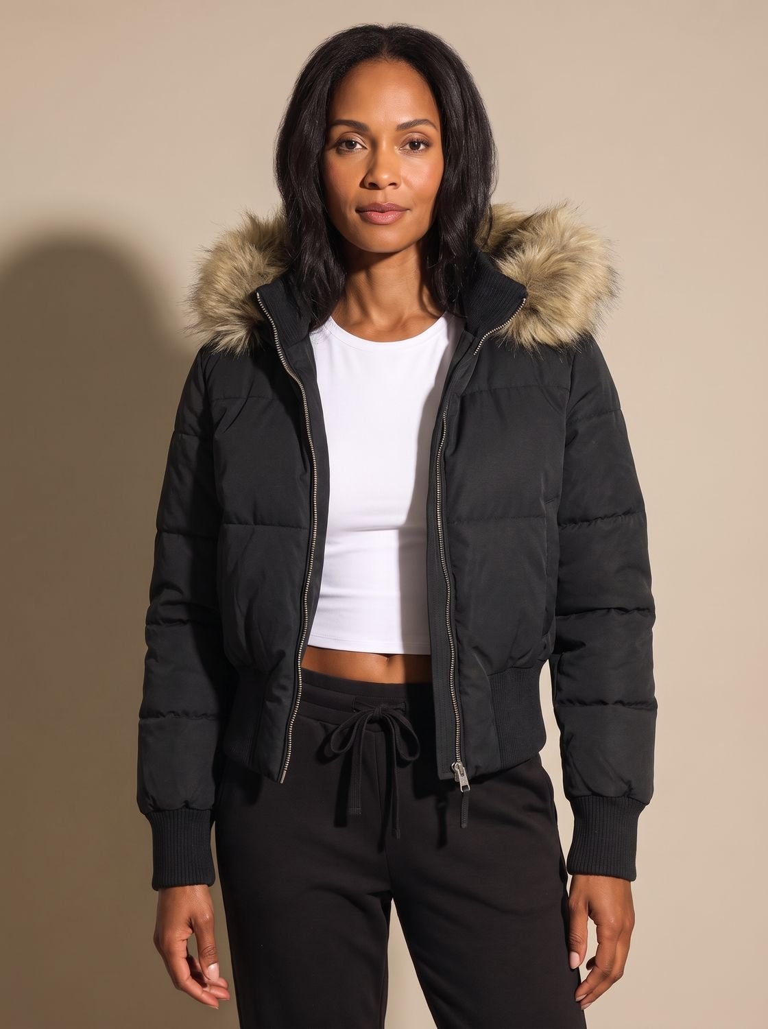 Women's hooded quilted puffer jacket with long sleeves and textured hood trim
