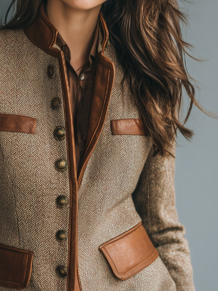 Women's brown herringbone blazer with band collar, buttons and contrasting trim
