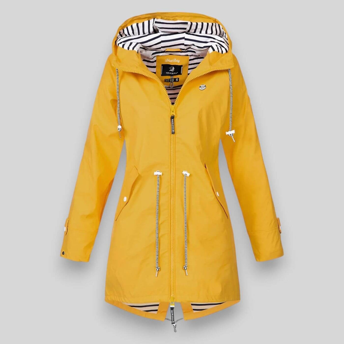 Women's hooded longline jacket with striped lining, zipped pockets and full front zip