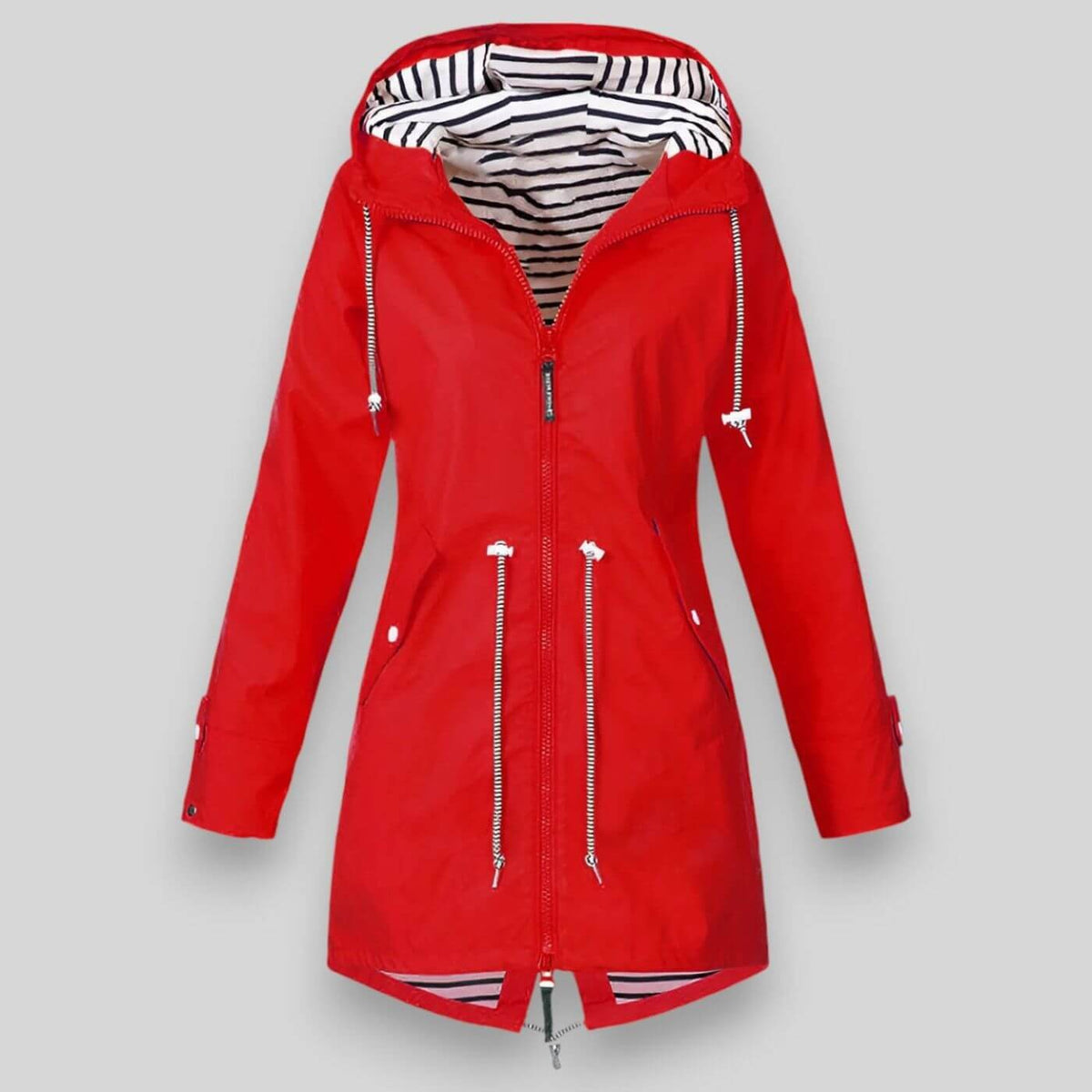 Women's hooded longline jacket with striped lining, zipped pockets and full front zip