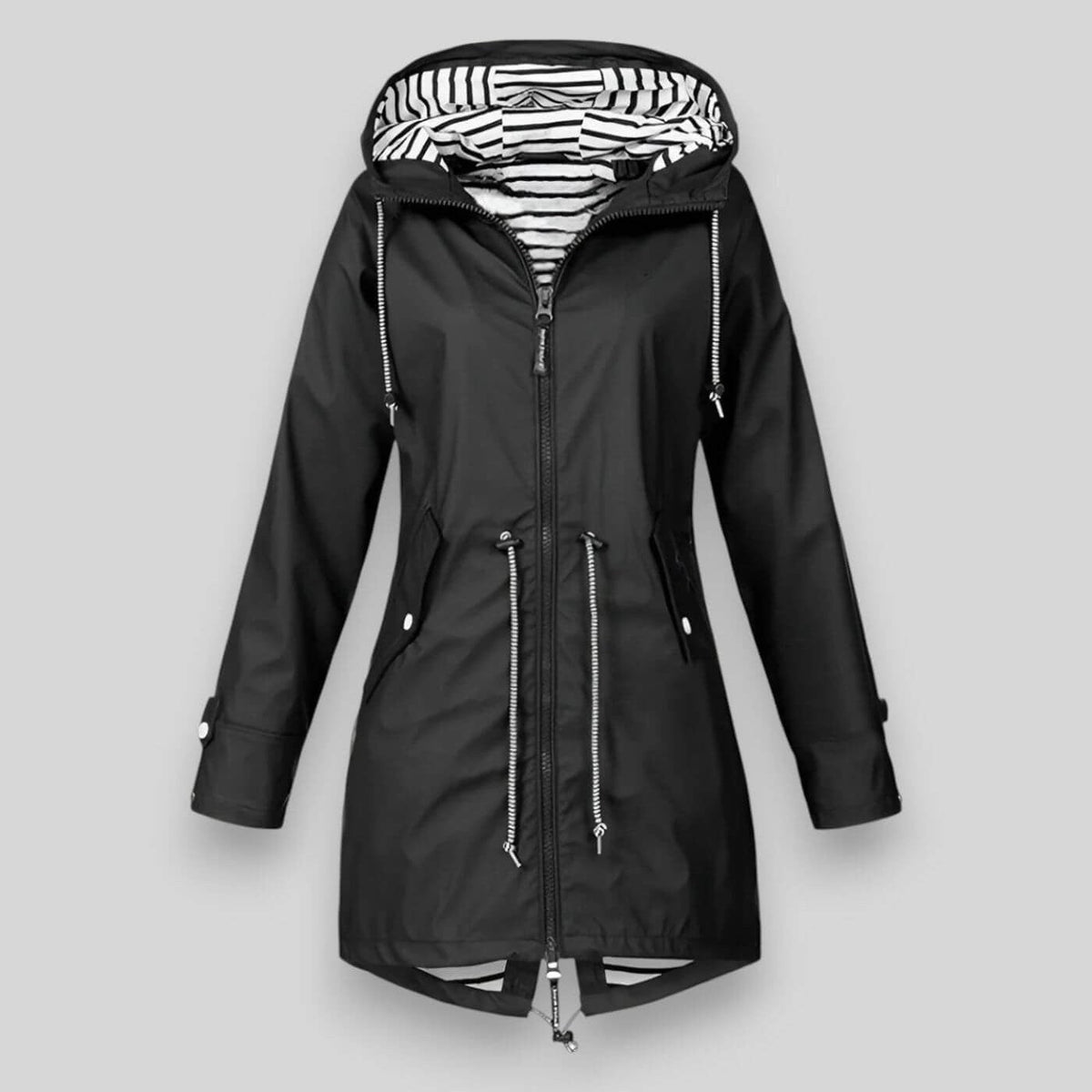 Women's hooded longline jacket with striped lining, zipped pockets and full front zip