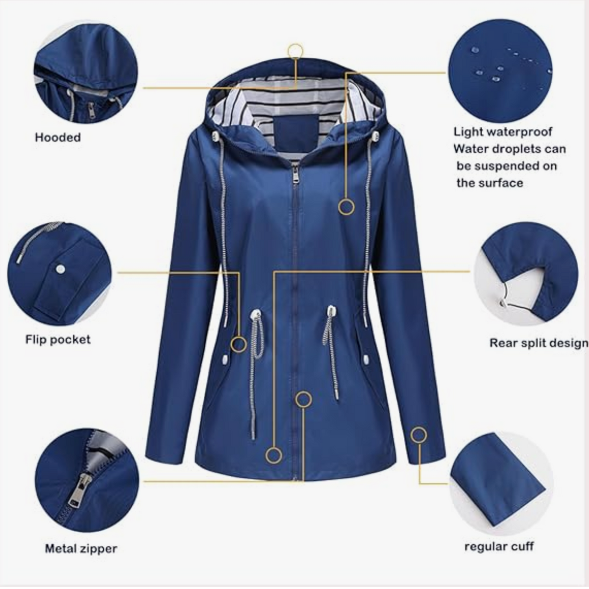 Women's hooded longline jacket with striped lining, zipped pockets and full front zip