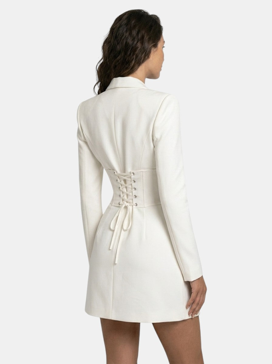 Women's blazer-style mini dress with lace corset waist and long sleeves
