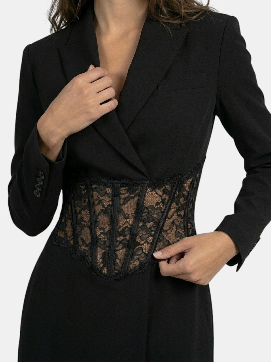 Women's blazer-style mini dress with lace corset waist and long sleeves