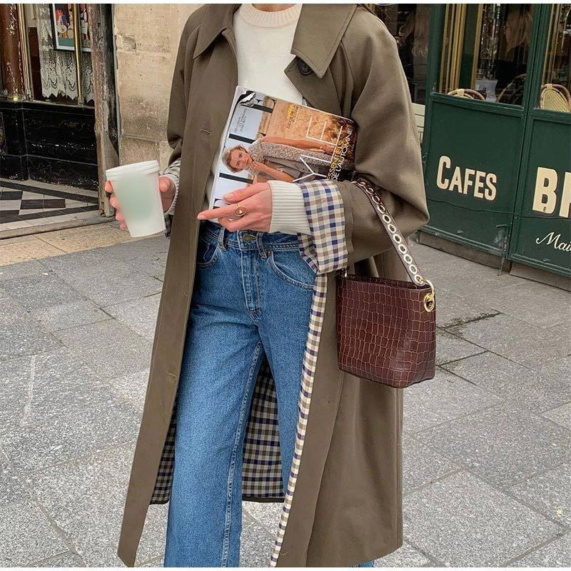 Women's khaki longline trench coat with wide collar and checked cuff trim