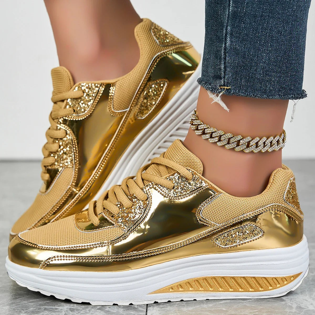Women's metallic glitter lace-up platform sneakers with raised sole