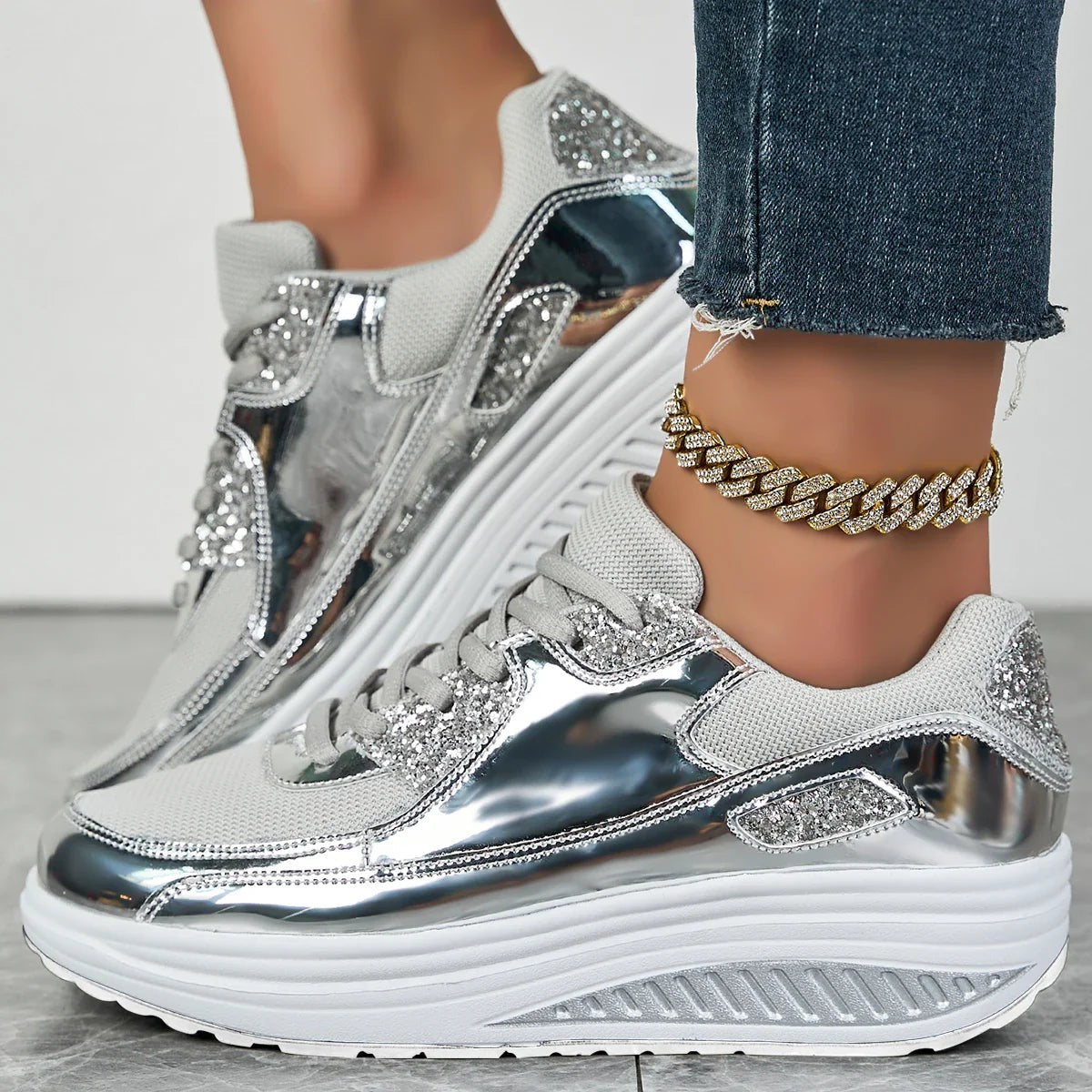 Women's metallic glitter lace-up platform sneakers with raised sole