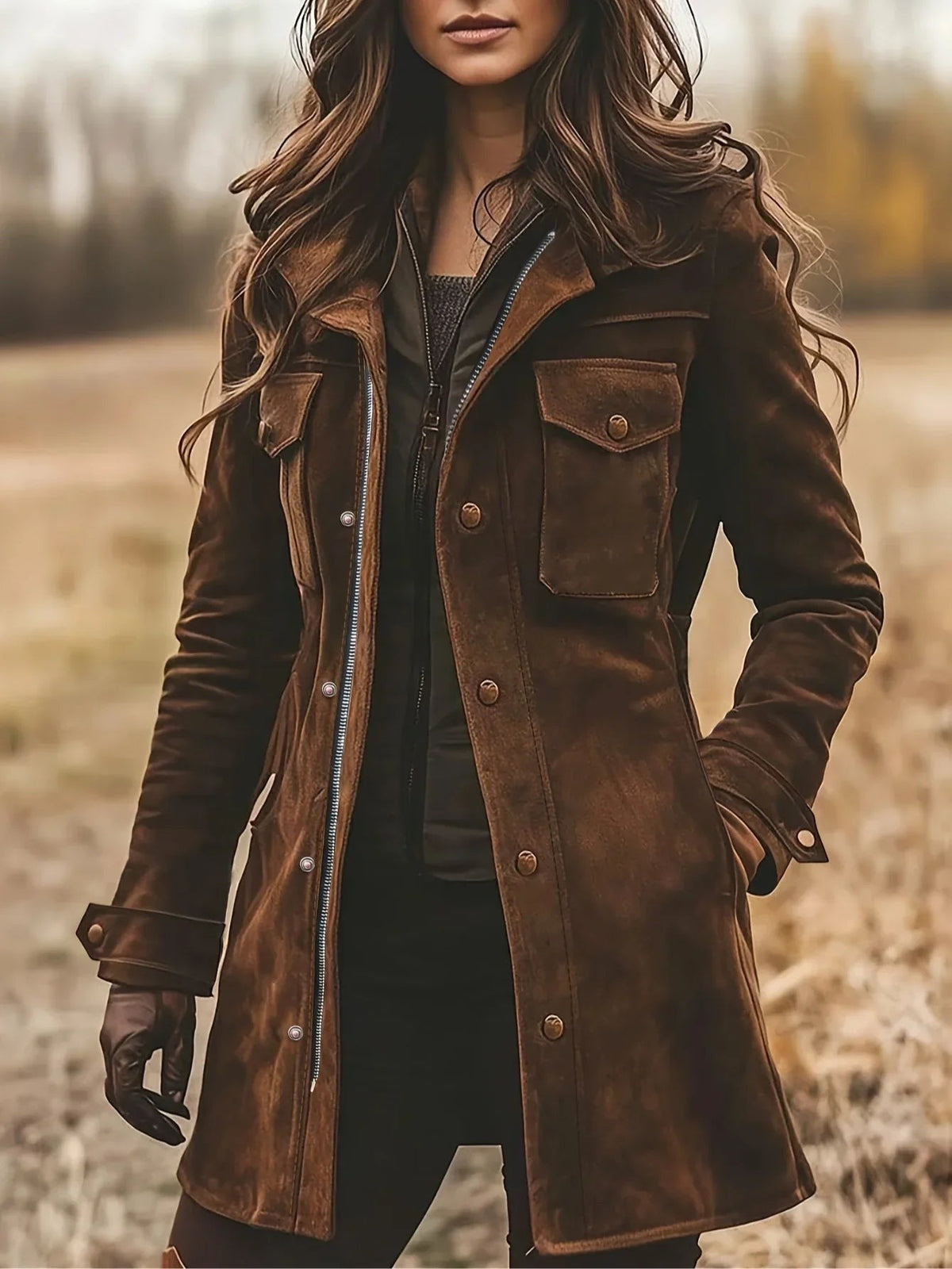 Women's brown longline utility coat with notch lapels and flap pockets