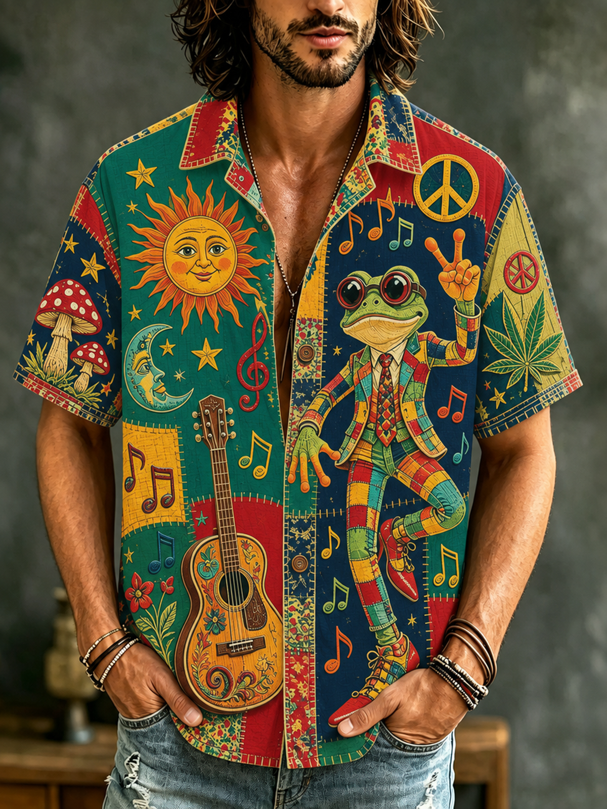 Men's short-sleeve patchwork shirt with frog, guitar, sun, moon and music illustrations