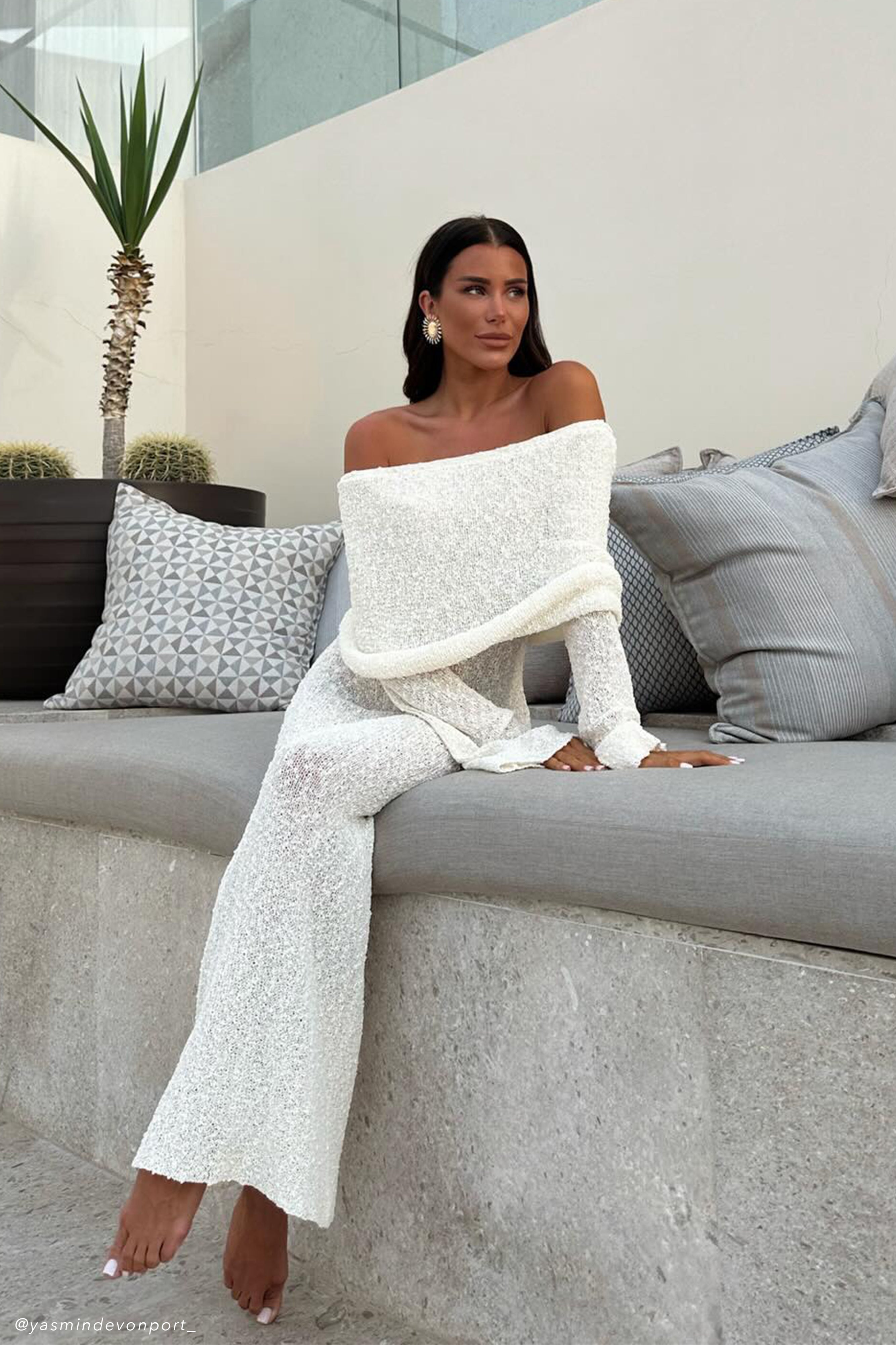 Women’s Elegant Ribbed Maxi Dress | Cream Off-Shoulder Gown