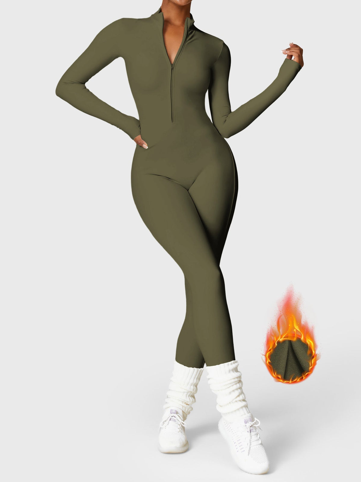Women's fitted long-sleeve jumpsuit with mock neck, front zip and full-length legs