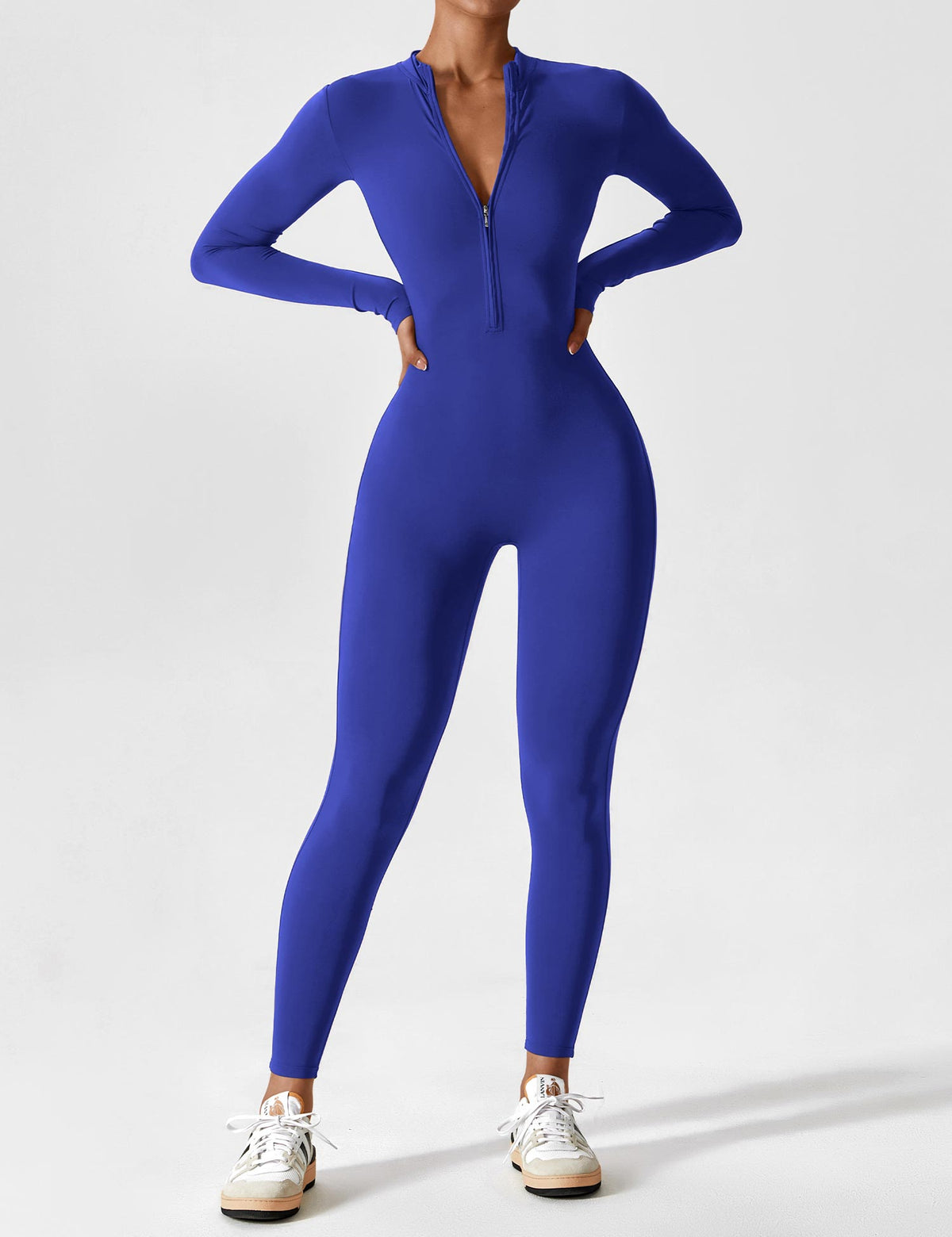 Women's fitted long-sleeve jumpsuit with mock neck, front zip and full-length legs