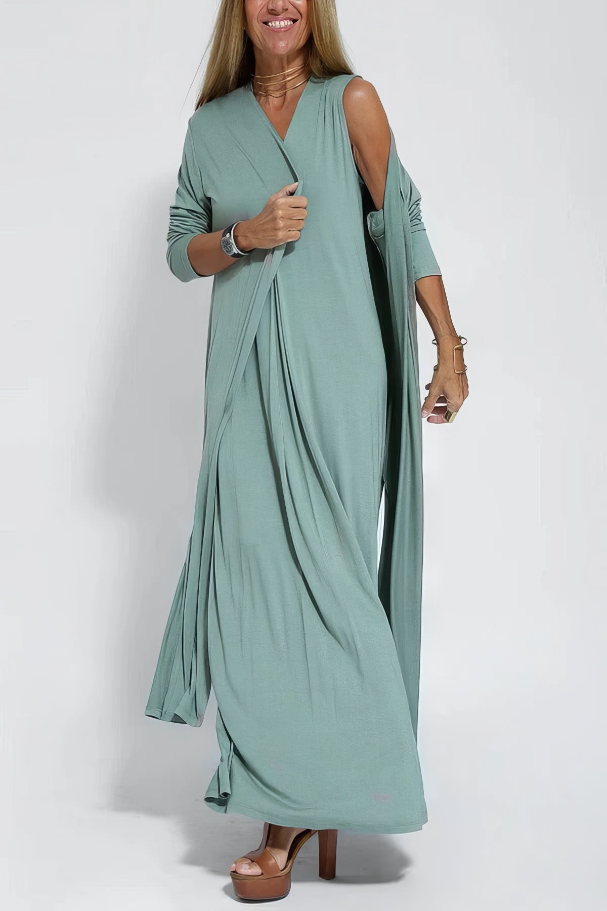 Women's sleeveless V-neck maxi dress with flowing full-length skirt