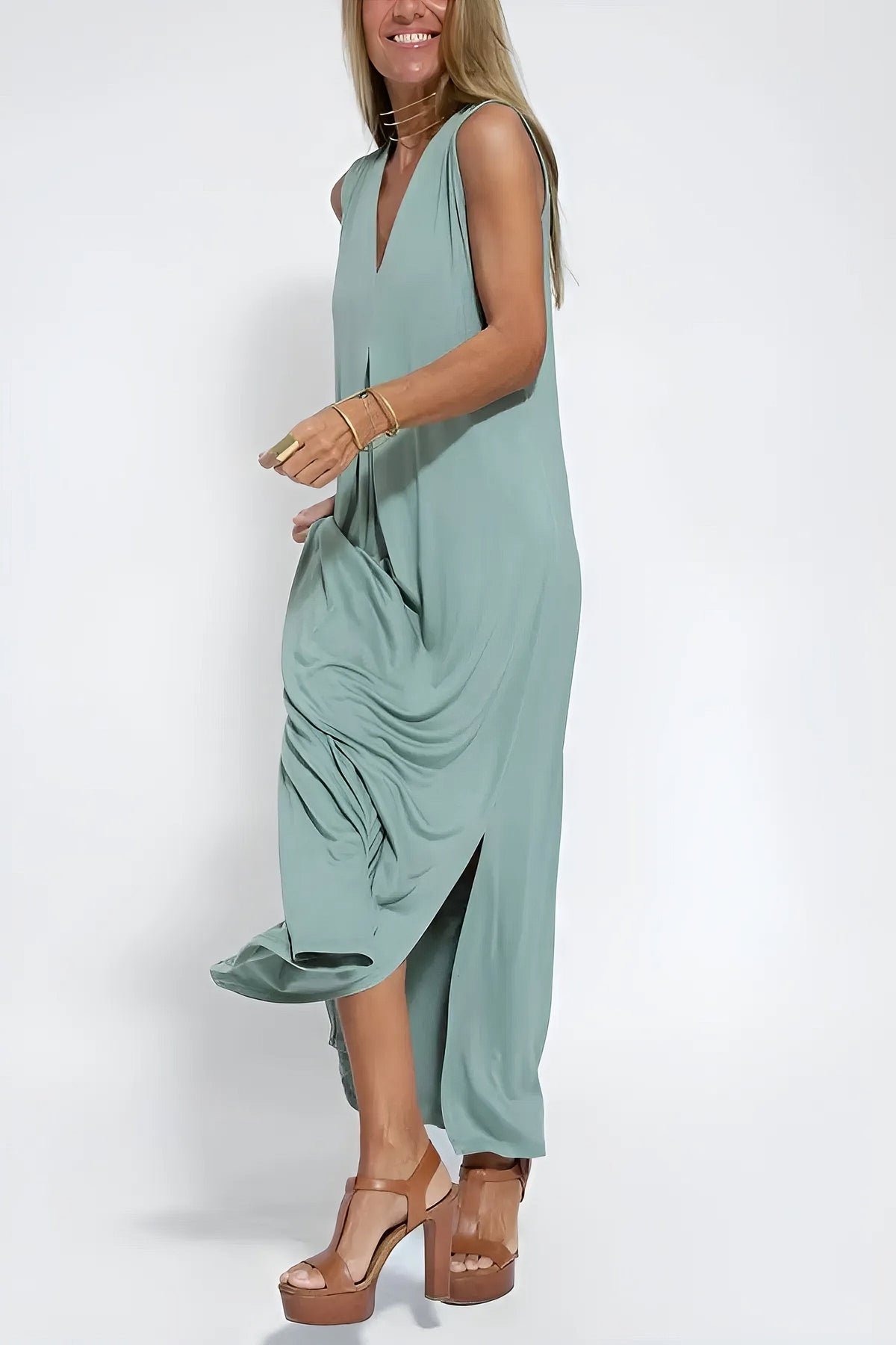 Women's sleeveless V-neck maxi dress with flowing full-length skirt