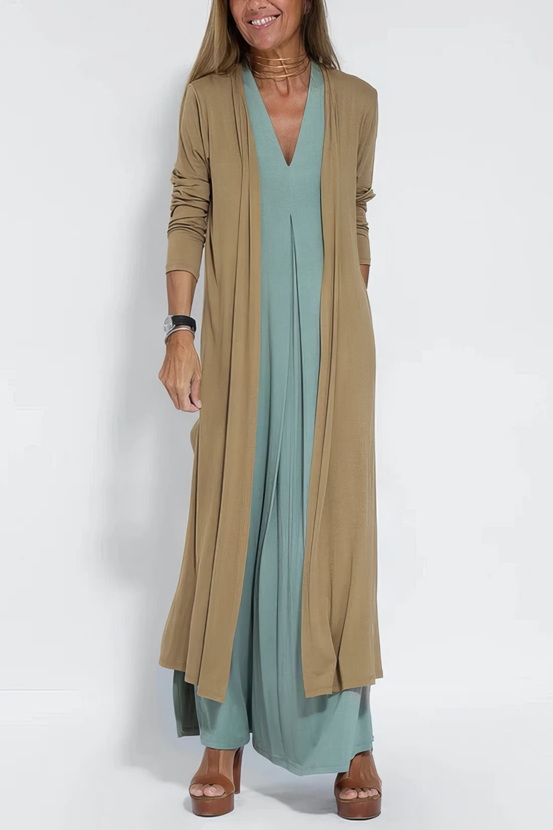 Women's sleeveless V-neck maxi dress with flowing full-length skirt