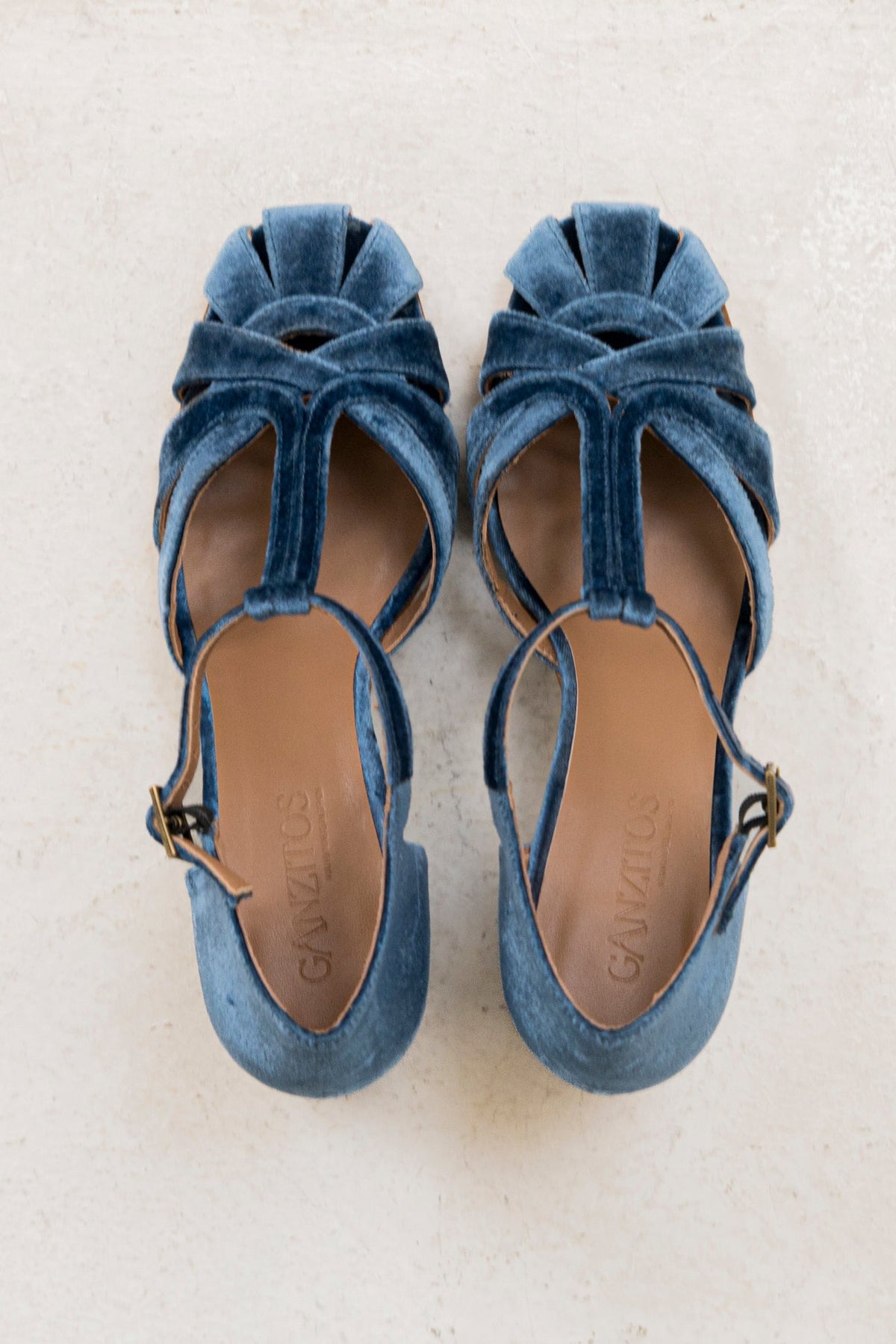 Women's blue T-strap sandals with open toe and block heel
