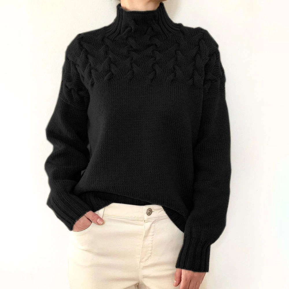Women's cable-knit turtleneck sweater with long sleeves and ribbed trims